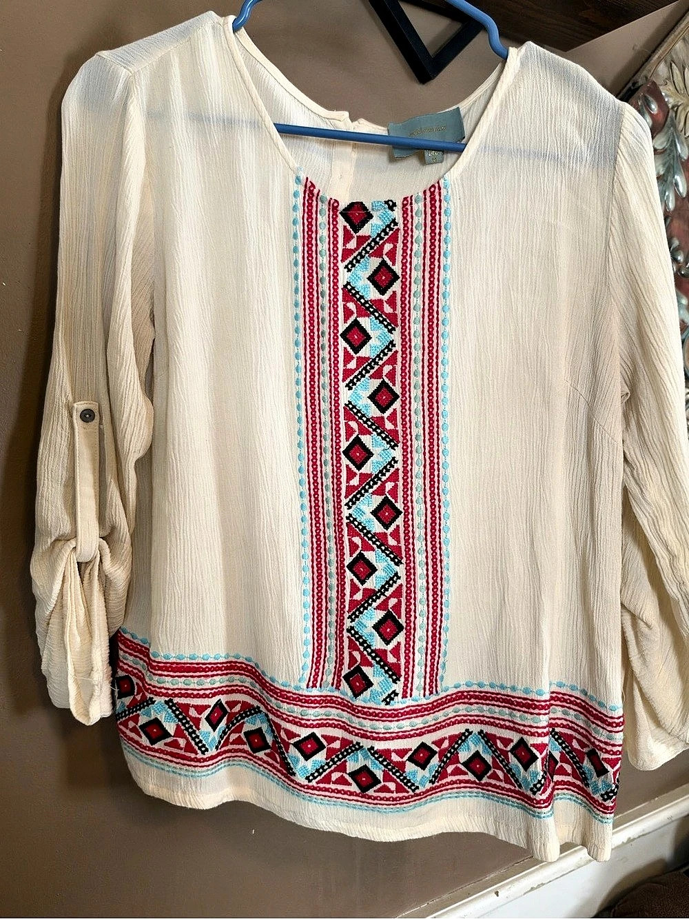 SKIES ARE BLUE Embroidered Tunic in Cream & Red Size Medium